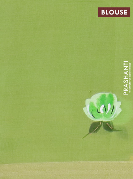 Linen cotton saree sandal and light green with floral hand paint prints and zari woven border