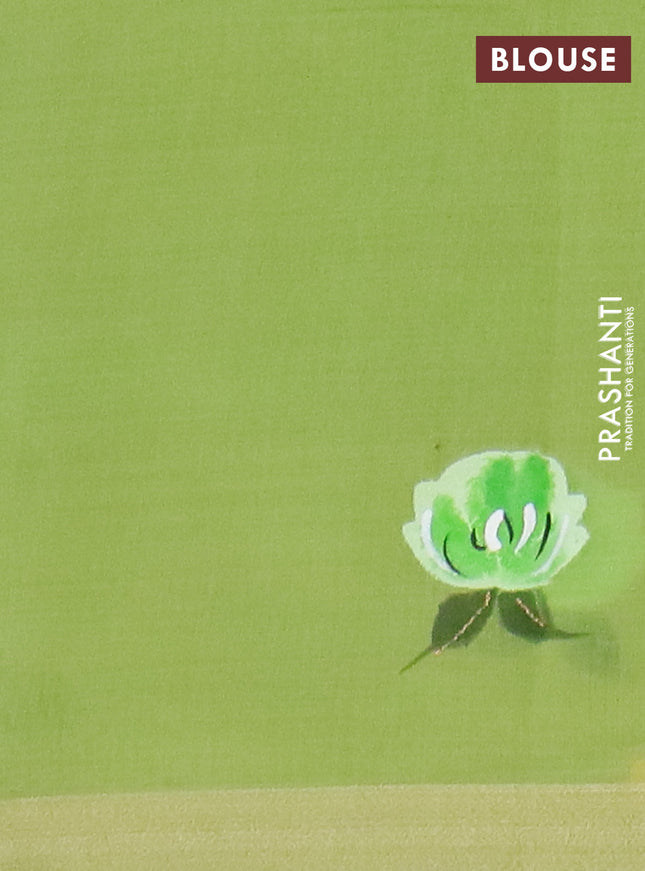 Linen cotton saree sandal and light green with floral hand paint prints and zari woven border