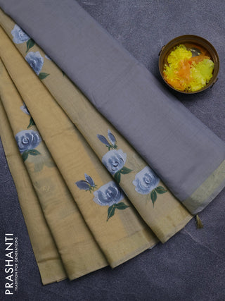 Linen cotton saree sandal and grey with floral hand paint prints and zari woven border