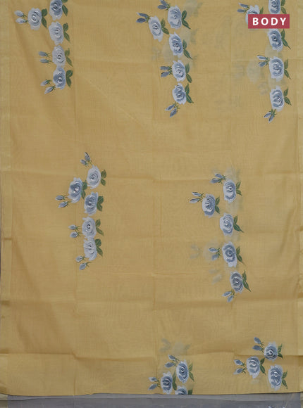 Linen cotton saree sandal and grey with floral hand paint prints and zari woven border