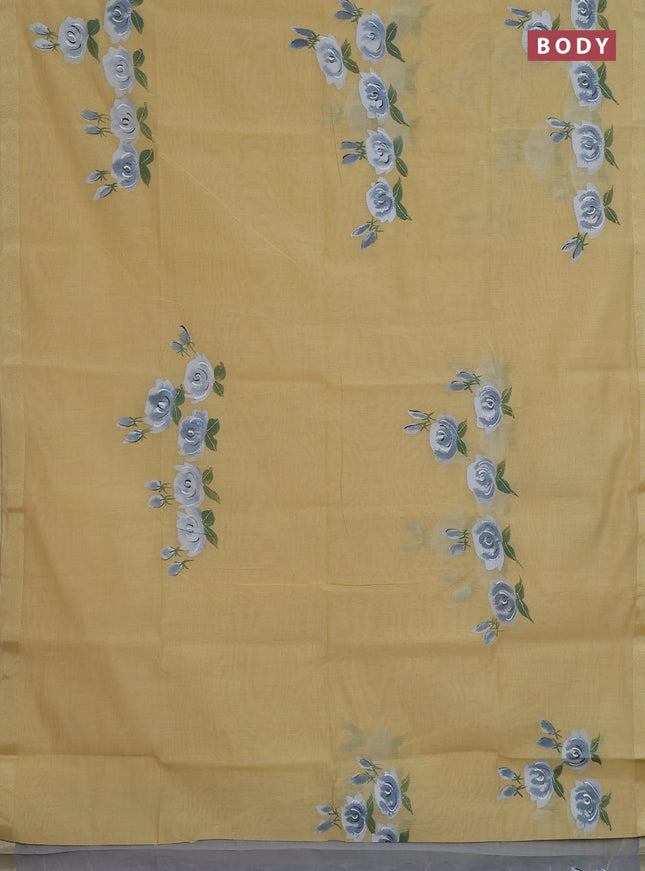 Linen cotton saree sandal and grey with floral hand paint prints and zari woven border