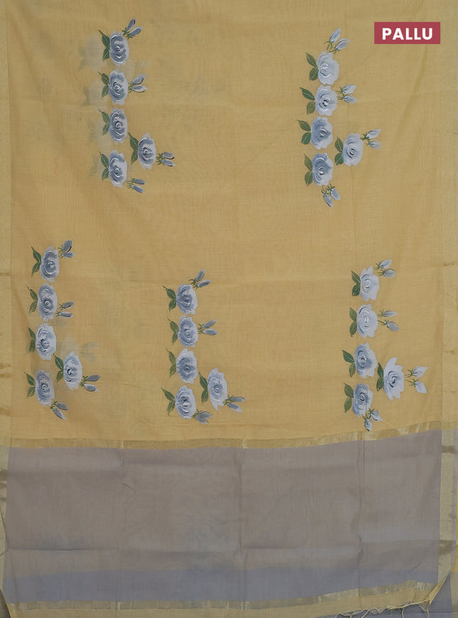 Linen cotton saree sandal and grey with floral hand paint prints and zari woven border