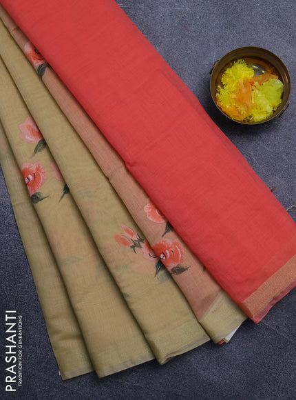 Linen cotton saree sandal and peach shade with floral hand paint prints and zari woven border