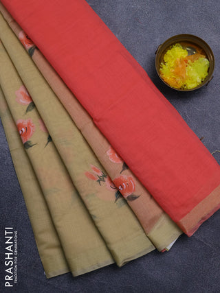 Linen cotton saree sandal and peach shade with floral hand paint prints and zari woven border