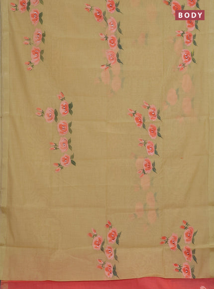 Linen cotton saree sandal and peach shade with floral hand paint prints and zari woven border
