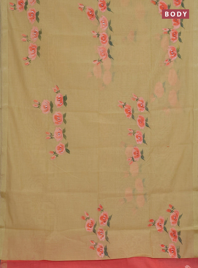 Linen cotton saree sandal and peach shade with floral hand paint prints and zari woven border