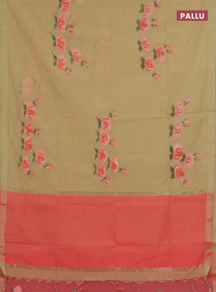 Linen cotton saree sandal and peach shade with floral hand paint prints and zari woven border