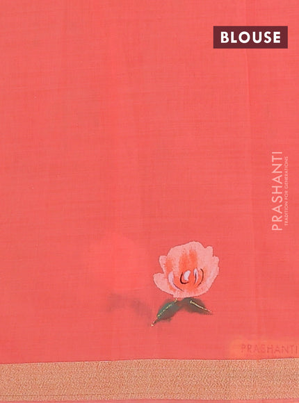 Linen cotton saree sandal and peach shade with floral hand paint prints and zari woven border