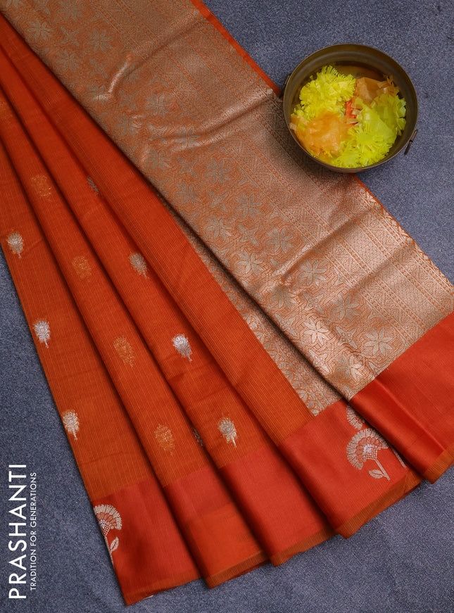 Art kota saree rustic orange with zari woven buttas and zari woven floral butta border