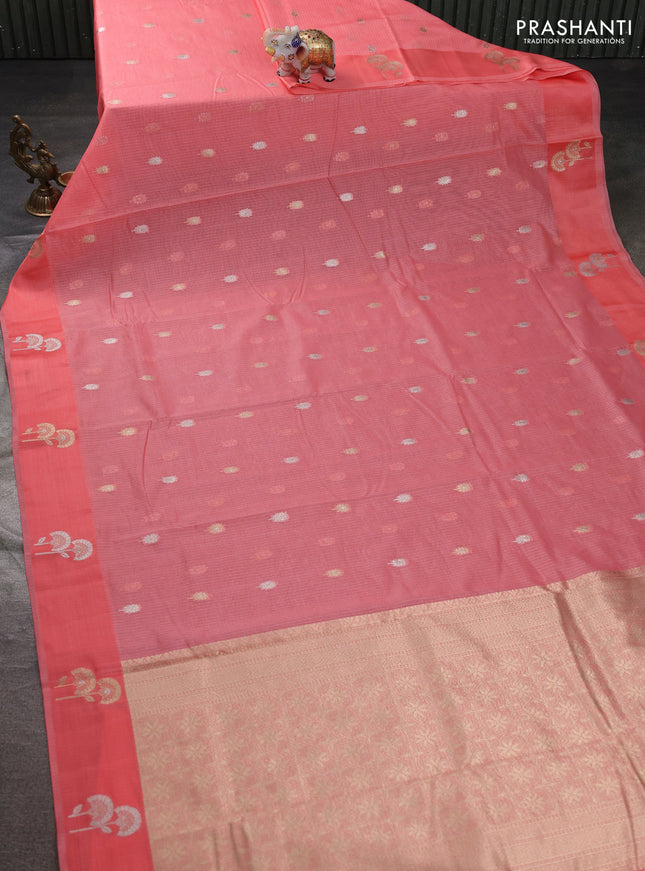 Art kota saree peach shade with zari woven buttas and zari woven floral butta border