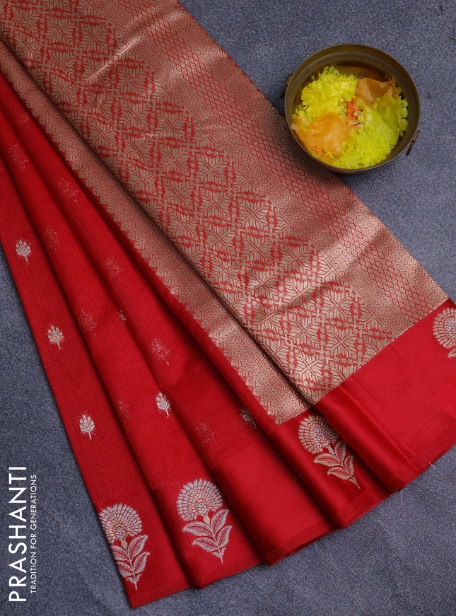 Art kota saree red with silver & gold zari woven buttas and zari woven floral butta border