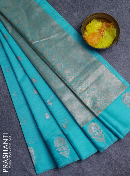 Art kota saree light blue with silver & gold zari woven buttas and zari woven floral butta border