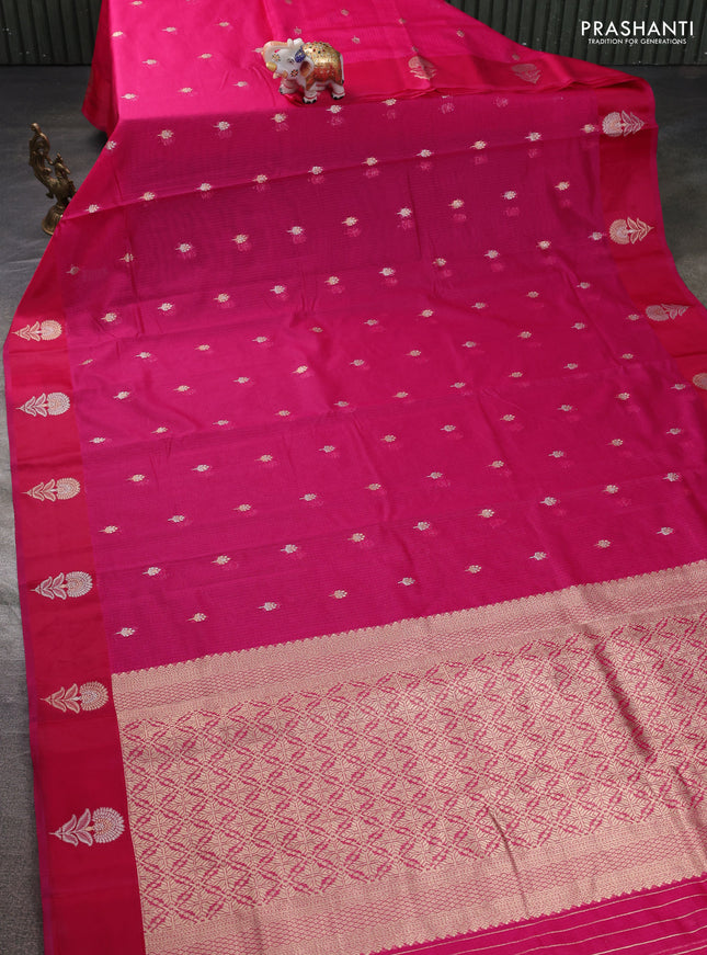 Art kota saree dark pink with silver & gold zari woven buttas and zari woven floral butta border