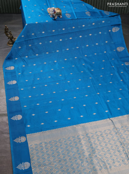 Art kota saree cs blue with silver & gold zari woven buttas and zari woven floral butta border