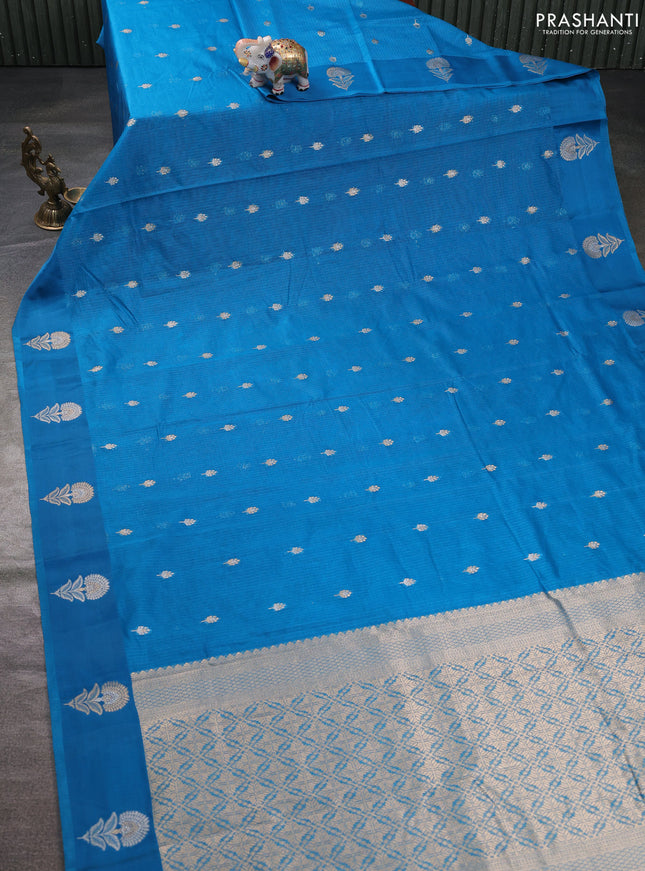 Art kota saree cs blue with silver & gold zari woven buttas and zari woven floral butta border