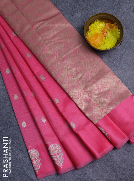 Art kota saree peach pink with silver & gold zari woven buttas and zari woven floral butta border