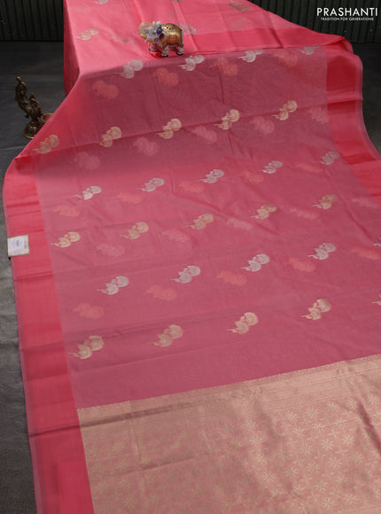 Art kota saree peach pink with zari woven floral buttas and satin border