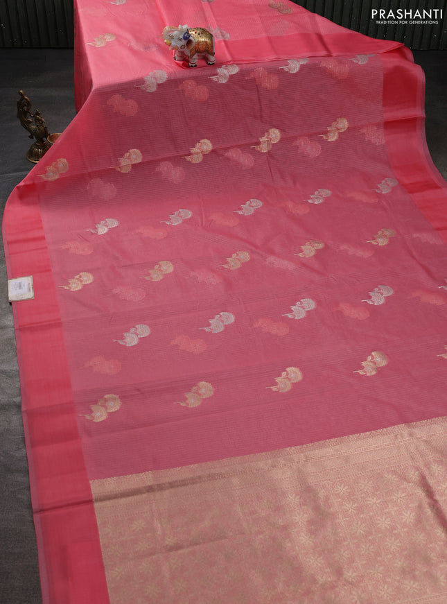 Art kota saree peach pink with zari woven floral buttas and satin border