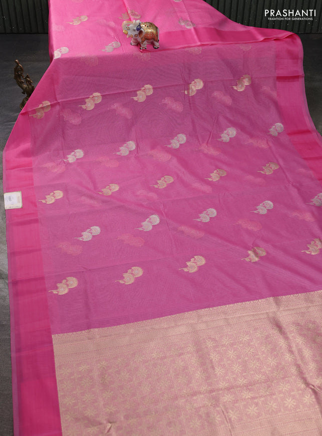 Art kota saree peach pink with zari woven floral buttas and satin border