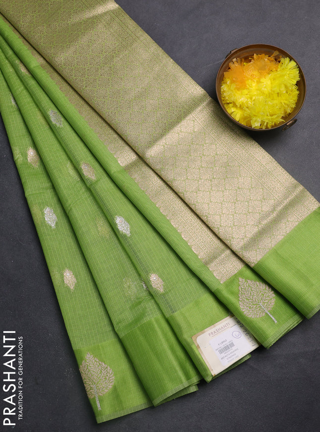 Art kota saree light green with silver & gold zari woven buttas and zari woven butta border