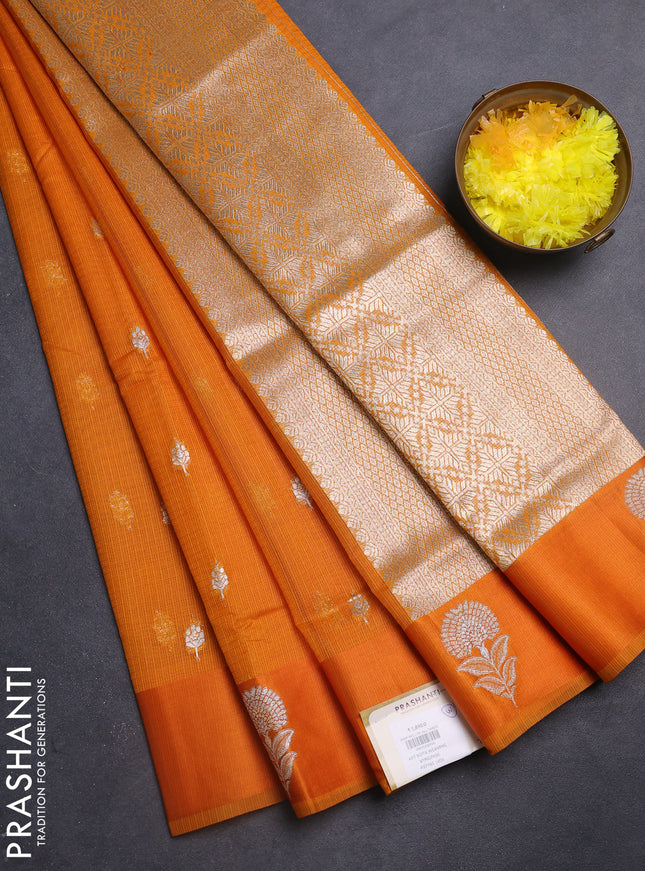 Art kota saree dark mustard with silver & gold zari woven buttas and zari woven butta border