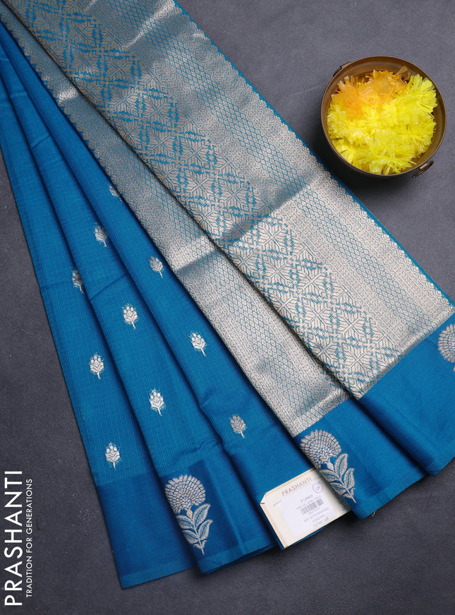 Art kota saree cs blue with silver & gold zari woven buttas and zari woven butta border