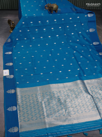 Art kota saree cs blue with silver & gold zari woven buttas and zari woven butta border