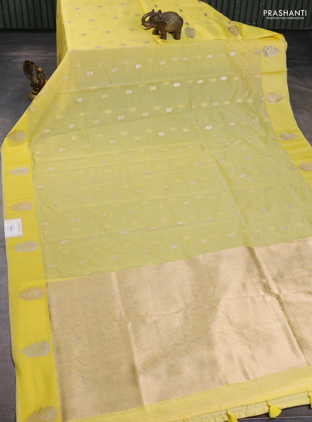 Art kota saree pale yellow with silver & gold zari woven buttas and zari woven butta border