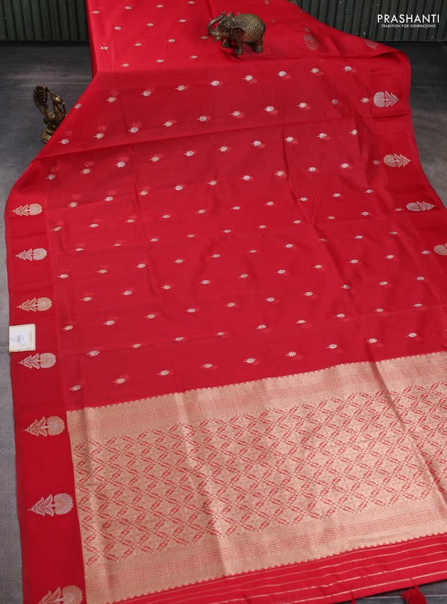 Art kota saree red with silver & gold zari woven buttas and zari woven butta border