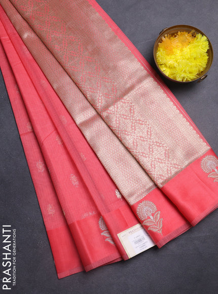 Art kota saree dark peach with silver & gold zari woven buttas and zari woven butta border