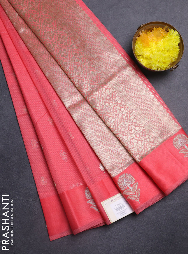 Art kota saree dark peach with silver & gold zari woven buttas and zari woven butta border