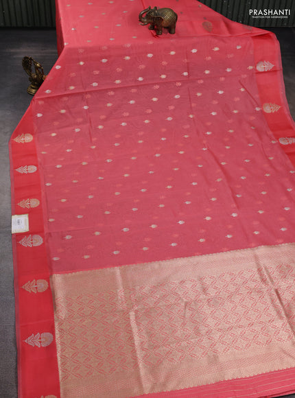 Art kota saree dark peach with silver & gold zari woven buttas and zari woven butta border