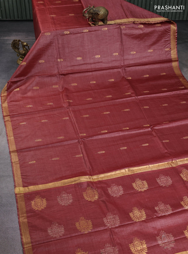 Banana silk saree rust shade with allover thread & zari woven buttas and zari woven border