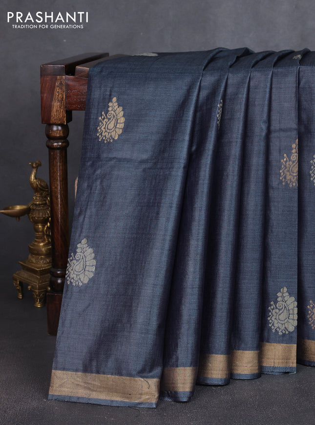 Banana silk saree dark grey with allover thread & zari woven butta and zari woven border