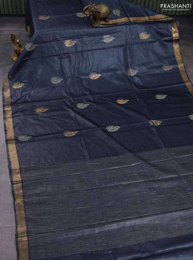 Banana silk saree dark grey with allover thread & zari woven butta and zari woven border