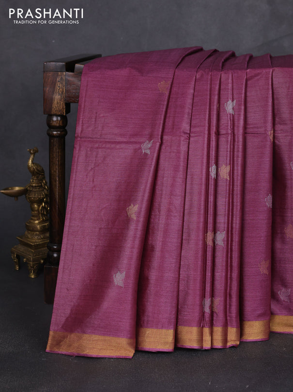 Banana silk saree wine shade with silver & zari woven buttas and zari woven border