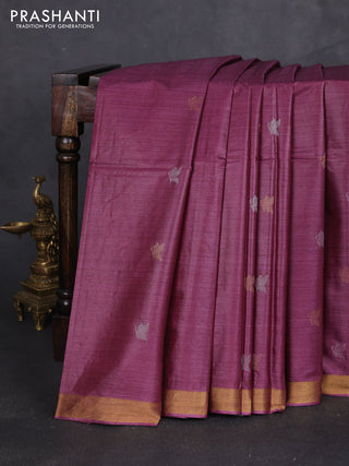 Banana silk saree wine shade with silver & zari woven buttas and zari woven border