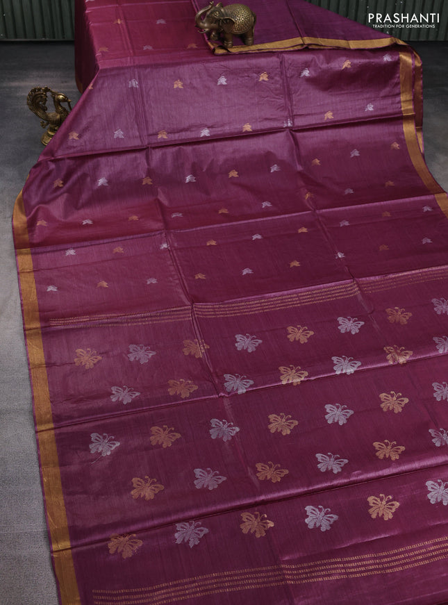Banana silk saree wine shade with silver & zari woven buttas and zari woven border