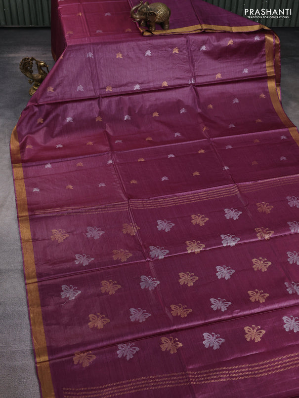 Banana silk saree wine shade with silver & zari woven buttas and zari woven border