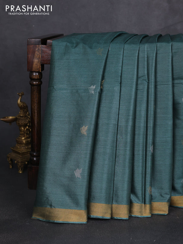Banana silk saree peacock green with silver & zari woven buttas and zari woven border