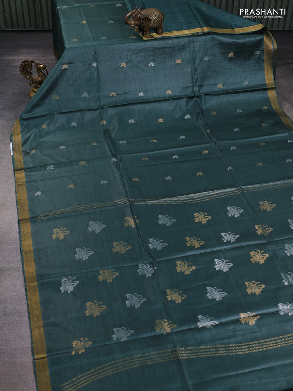 Banana silk saree peacock green with silver & zari woven buttas and zari woven border