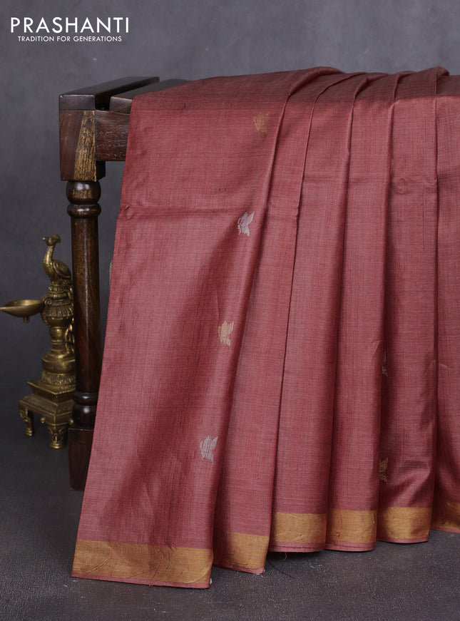 Banana silk saree rust shade with silver & zari woven buttas and zari woven border