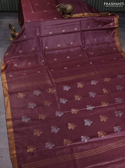Banana silk saree deep maroon with silver & zari woven buttas and zari woven border
