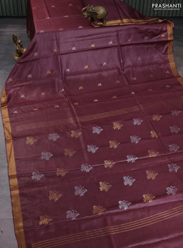 Banana silk saree deep maroon with silver & zari woven buttas and zari woven border