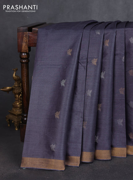 Banana silk saree dark grey with silver & zari woven buttas and zari woven border