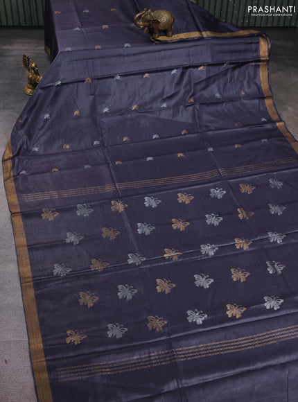 Banana silk saree dark grey with silver & zari woven buttas and zari woven border