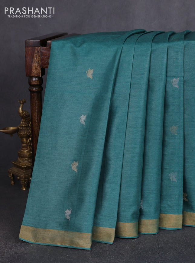 Banana silk saree teal green with silver & zari woven buttas and zari woven border