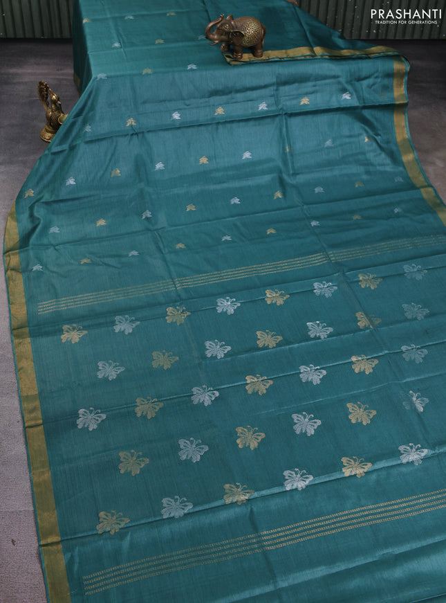 Banana silk saree teal green with silver & zari woven buttas and zari woven border