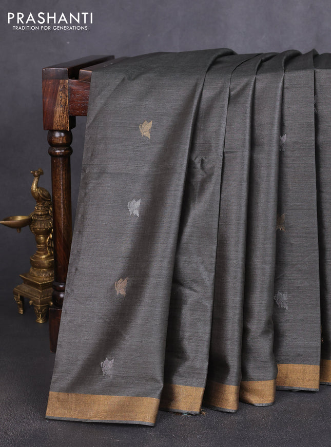 Banana silk saree elephant grey with silver & zari woven buttas and zari woven border