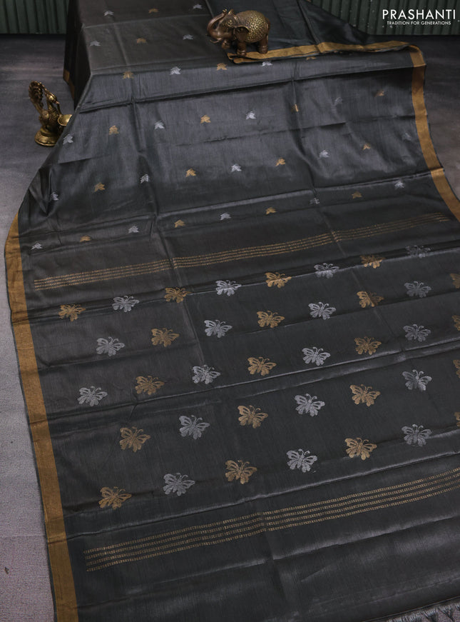 Banana silk saree elephant grey with silver & zari woven buttas and zari woven border
